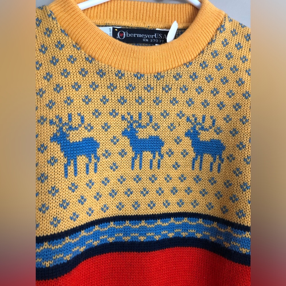 Vintag OBERMEYER Colorful Red & Yellow with Blue Deer Wool Sweater Size S - Picture 2 of 3